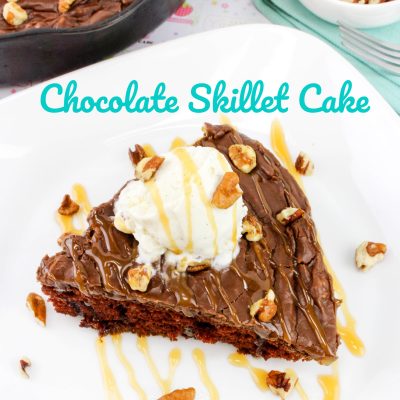 This Chocolate Skillet Cake is sure to be a hit! An easy one pot dessert this lots of chocolate flavor and yummy icing with pecans - yum! #skilletdessert #chocolateskilletcake #chocolatecake #onepotrecipe