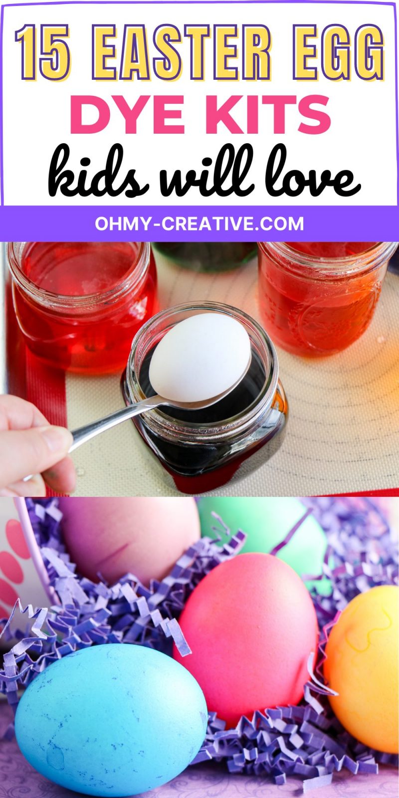 Easter Egg dye kits for kids. An egg is dipped into the liquid egg die and comes out in a bright color.