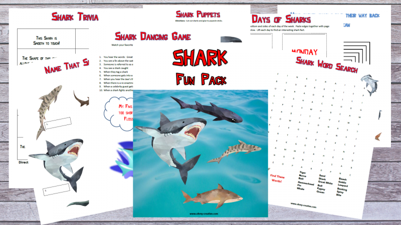 A sample of shark printable activity pages for kids.