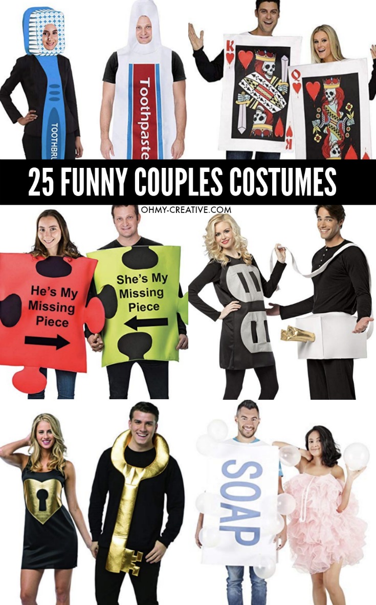 25 Funny Couples Halloween Costumes, toothbrush and toothpaste, outlet and plug, puzzle pieces, lock and key, soup and sponge, king and queen of cards costumes