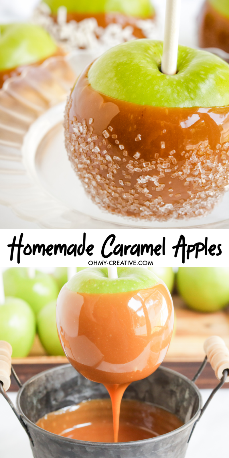 2 photo collage of caramel apples. One apple has topping added to it and the second photo is an apple being dipped in hot caramel