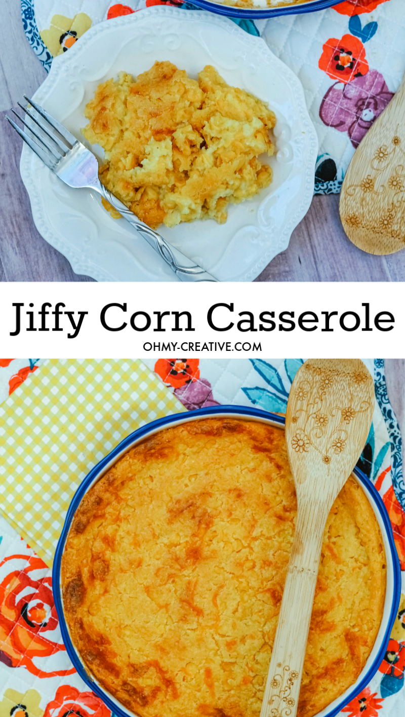 Round corn casserole with Jiffy baked with a single serving dished on a plate. Perfect for weeknight meals or a holiday side dish.