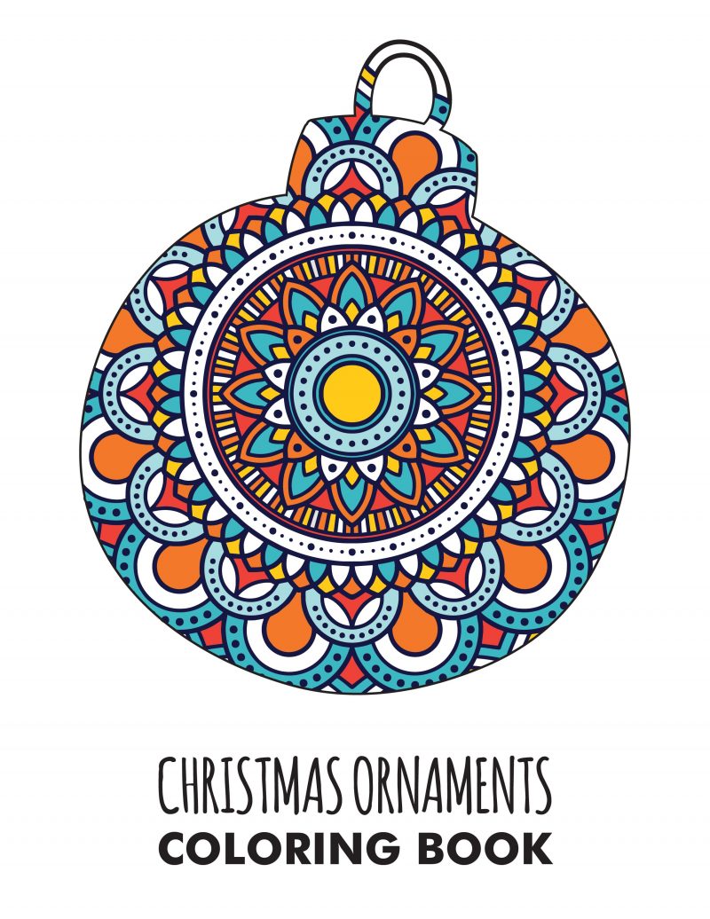 A round ornament coloring page filled in with bright colors.