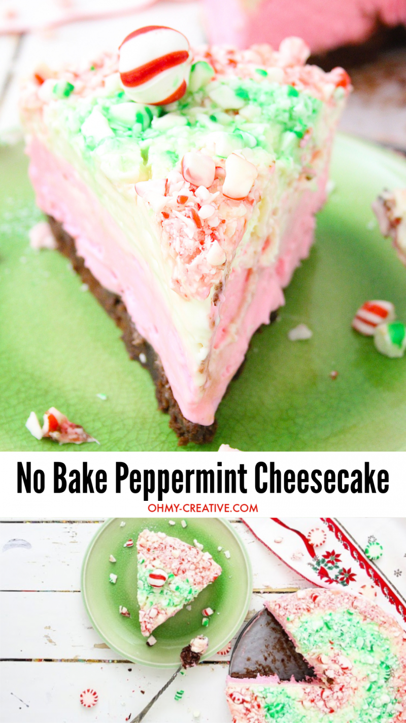 Beautiful no bake peppermint cheesecake slice on a green plate. Whole cheesecake is featured in the back with peppermint pieces sprinkled around the plate.