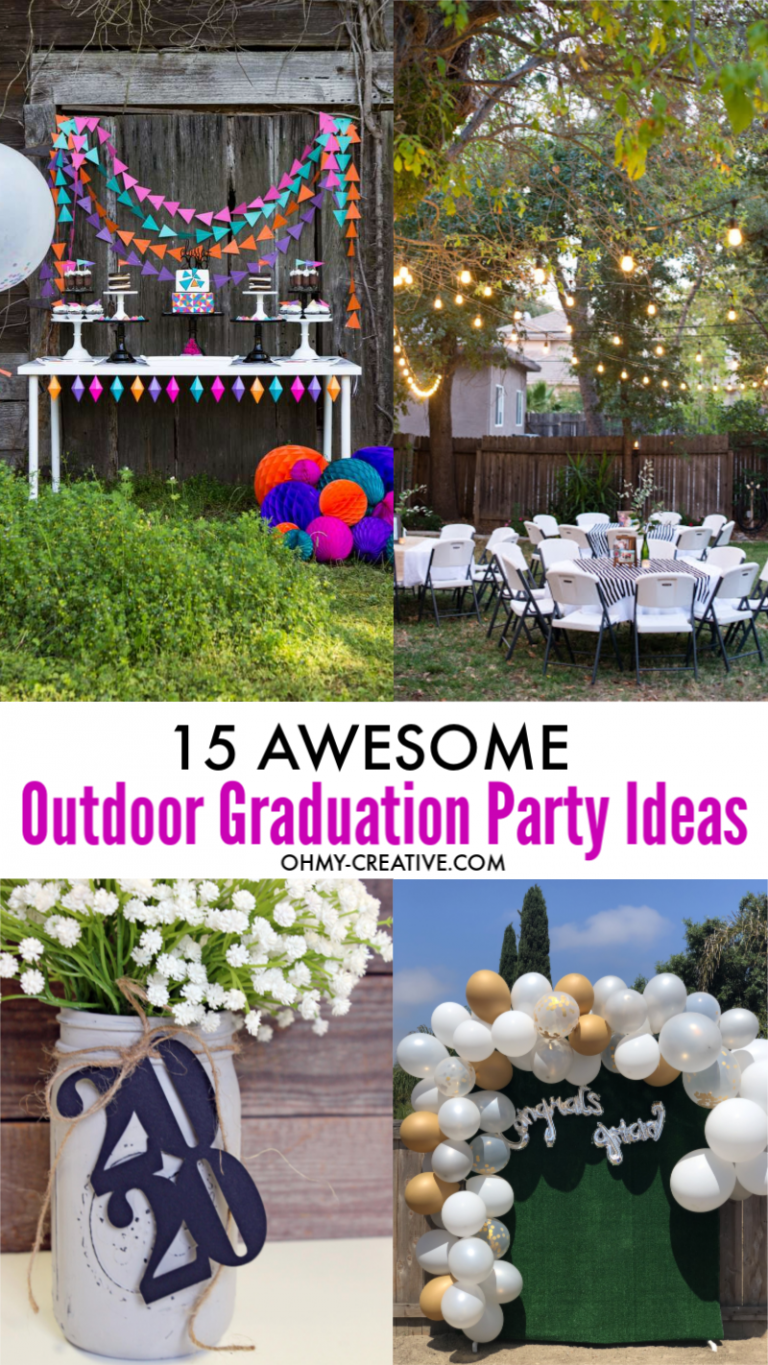 Awesome outside grad party ideas include outdoor games, grad party decor, photo booth and centerpieces are shown in these outside party ideas!