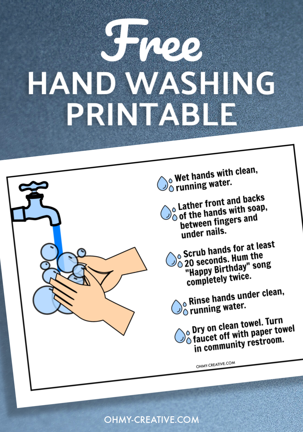 Hand washing printable with graphic of soapy hands under faucet and a list of hand washing instructions.