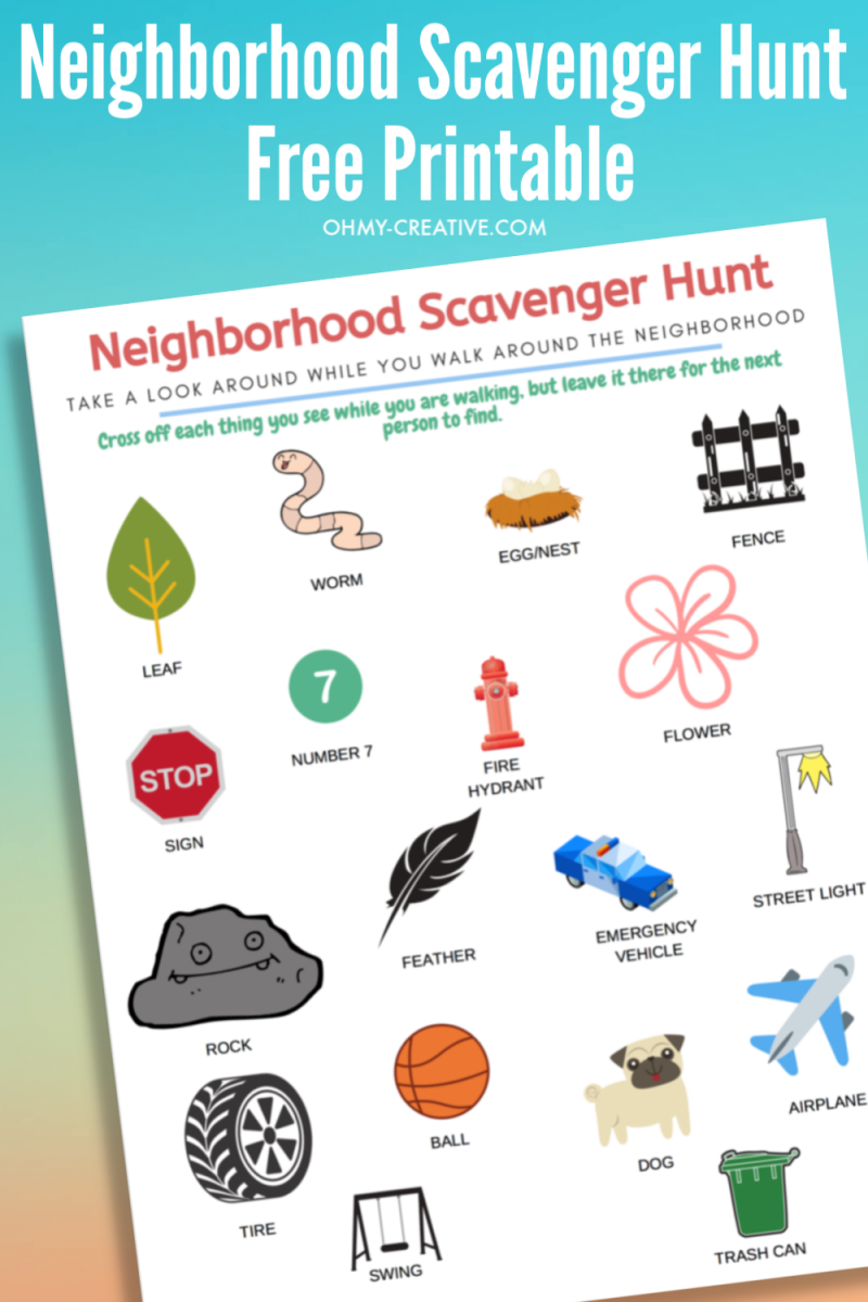 Multi colored background with an image or the neighborhood scavenger hunt free printable page.