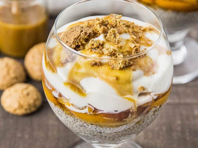 This Amaretto peaches and cream chia pudding is served in a round dessert cup perfect any time of the day.