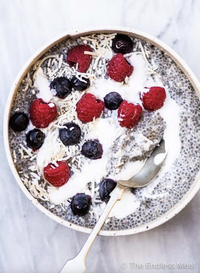 Chia Seed Pudding bowl is a delicious and healthy breakfast. Top with blueberries or raspberries and maybe a little coconut!