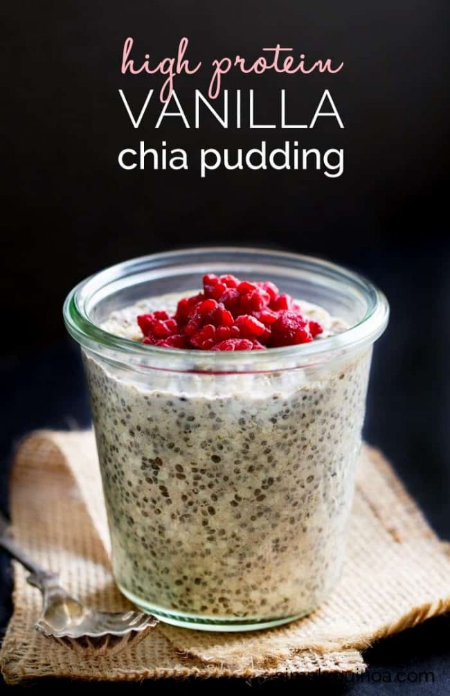 high protein vanilla chia pudding sitting on a piece of burlap and a black background. 
