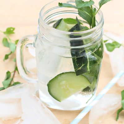 Cucumber Mint Water with slices of cucumbers topped with fresh mint