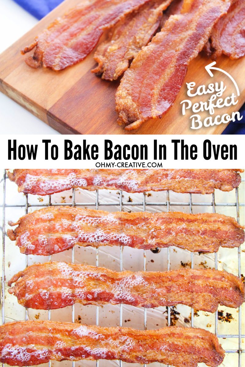 Perfect baked bacon from the oven on a cutting board.