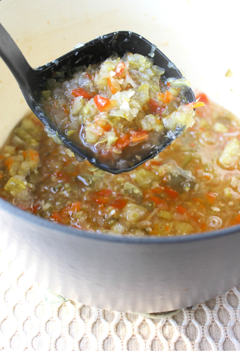 A scoop of this sweet pickle relish smells so good as it simmers and cooks.