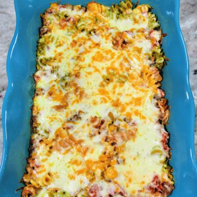 This cheeseburger casserole is served in a pretty baking dish - a great budget family meal.
