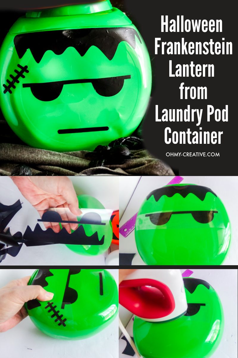 Step by step photo collage of how to make a Frankenstein lantern from laundry pod container.