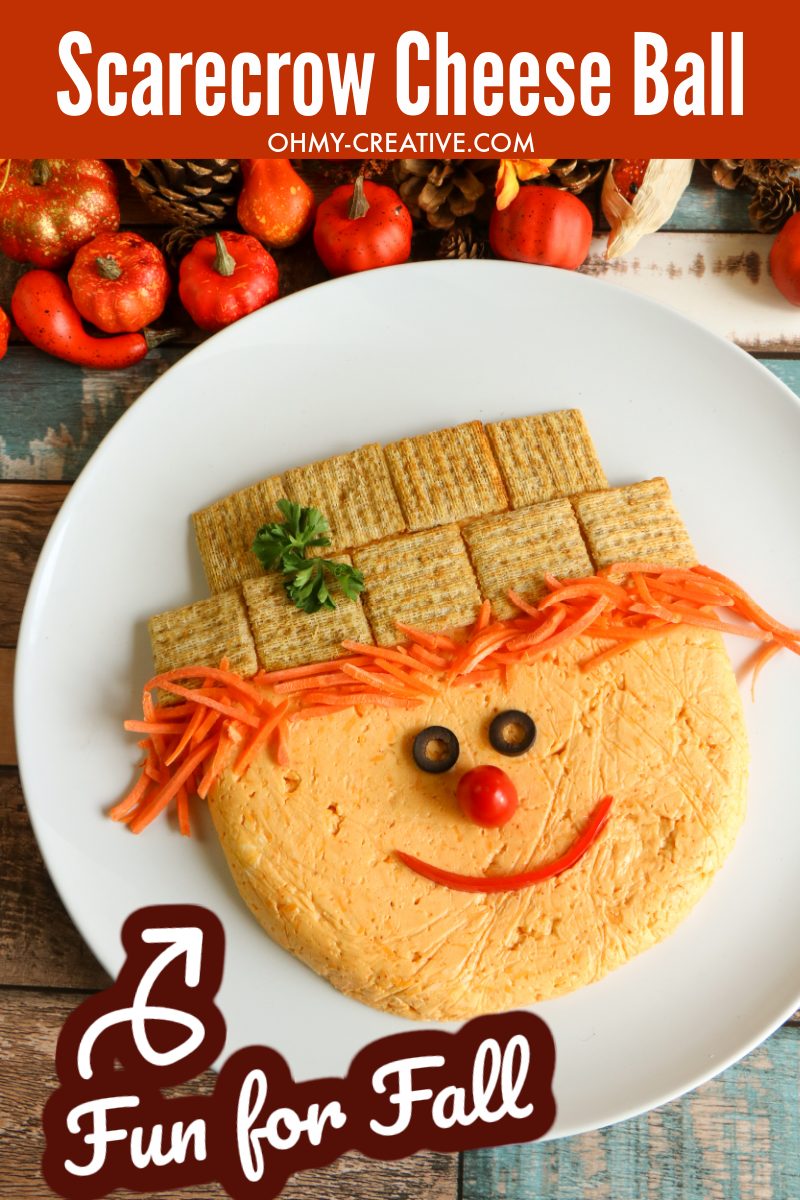 If you are looking for a really fun appetizer for Thanksgiving or another fall party, then this one is perfect! Everything on this adorable scarecrow is edible, but he's so cute you won't want to eat it!