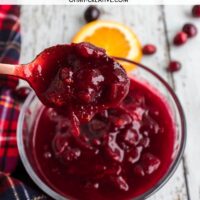 A freshly made bowl of homemade cranberry sauce with a close up of a heaping spoonful. Displayed beautifully on a red plaid table covering and slices of oranges.
