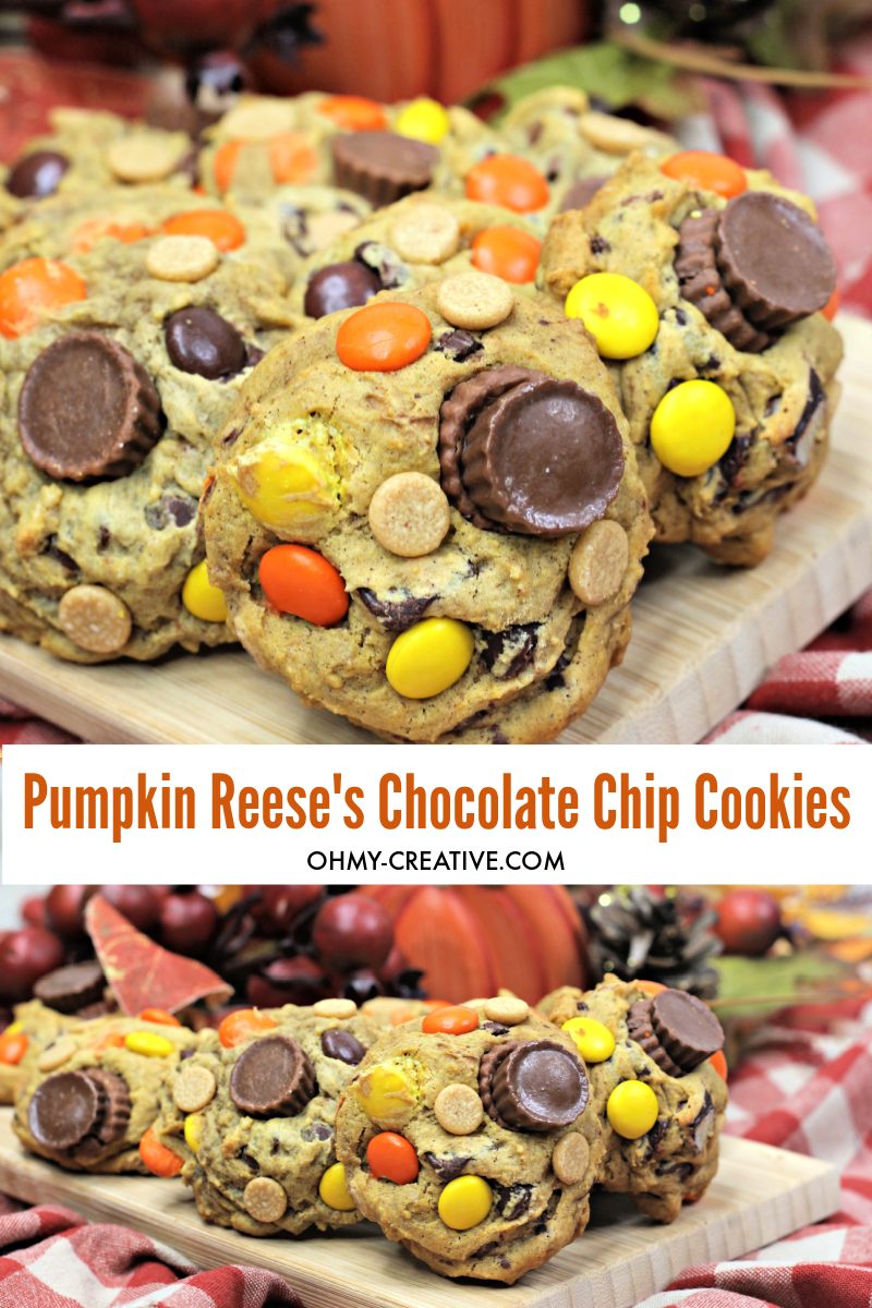 These Reece’s Pumpkin Chocolate Chip Cookies are served on a wood cutting board with a orange checked dish towel. A double image Pinterest image with two photo and text.