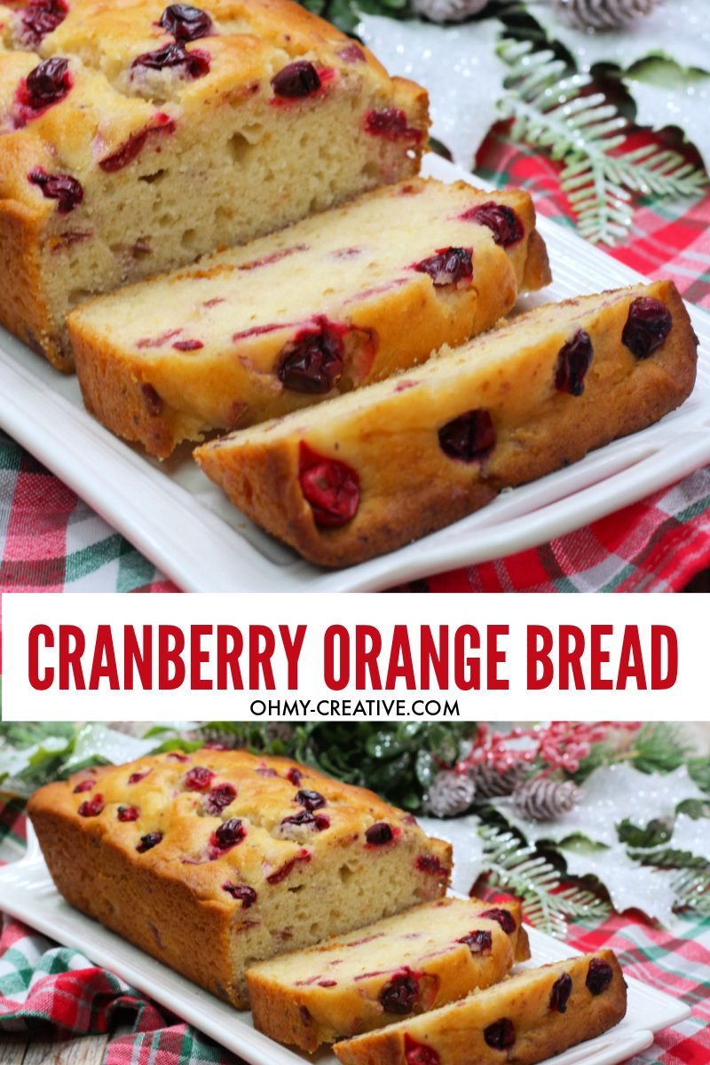 Warm baked cranberry bread sliced and ready to serve on a white plate for the holidays.