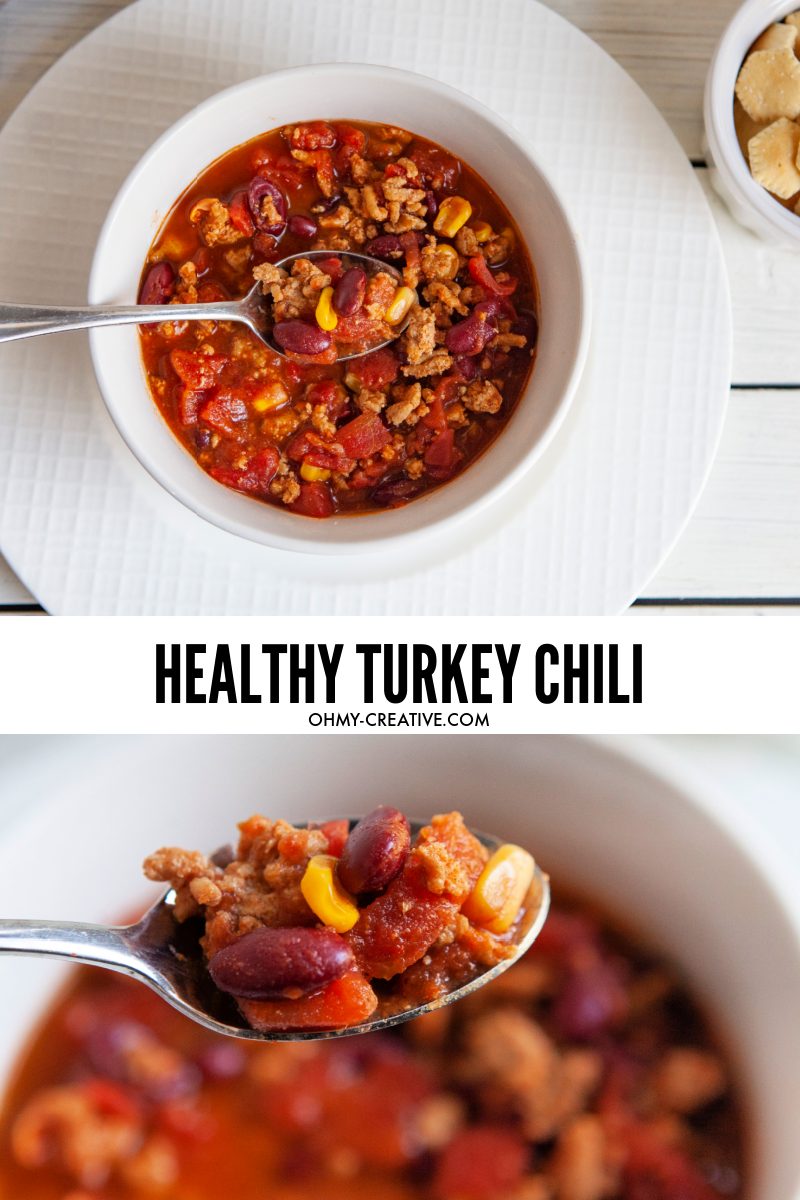 A white bowl filled with weight watchers turkey chili and a small bowl of oyster crackers. A second photo shows a closeup spoonful of the healthy turkey chili.