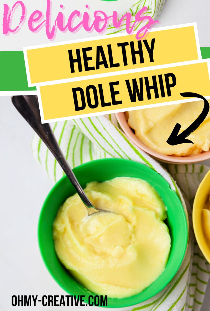 Three colorful bowls with a half of cup portion of healthy Dole whip. The green bowl in the center has a spoon in the Dole whip.