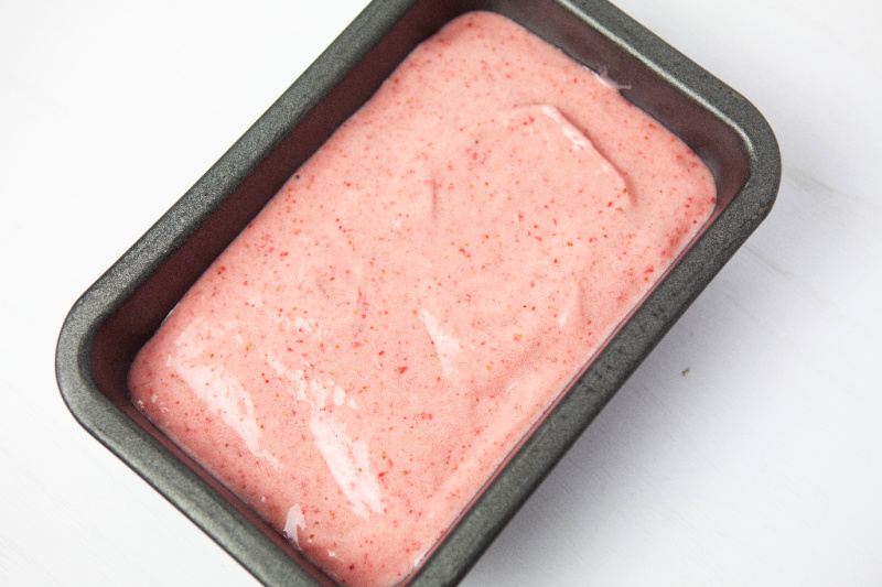 Once the sorbet is blended place into a baking pan and place in the freezer.