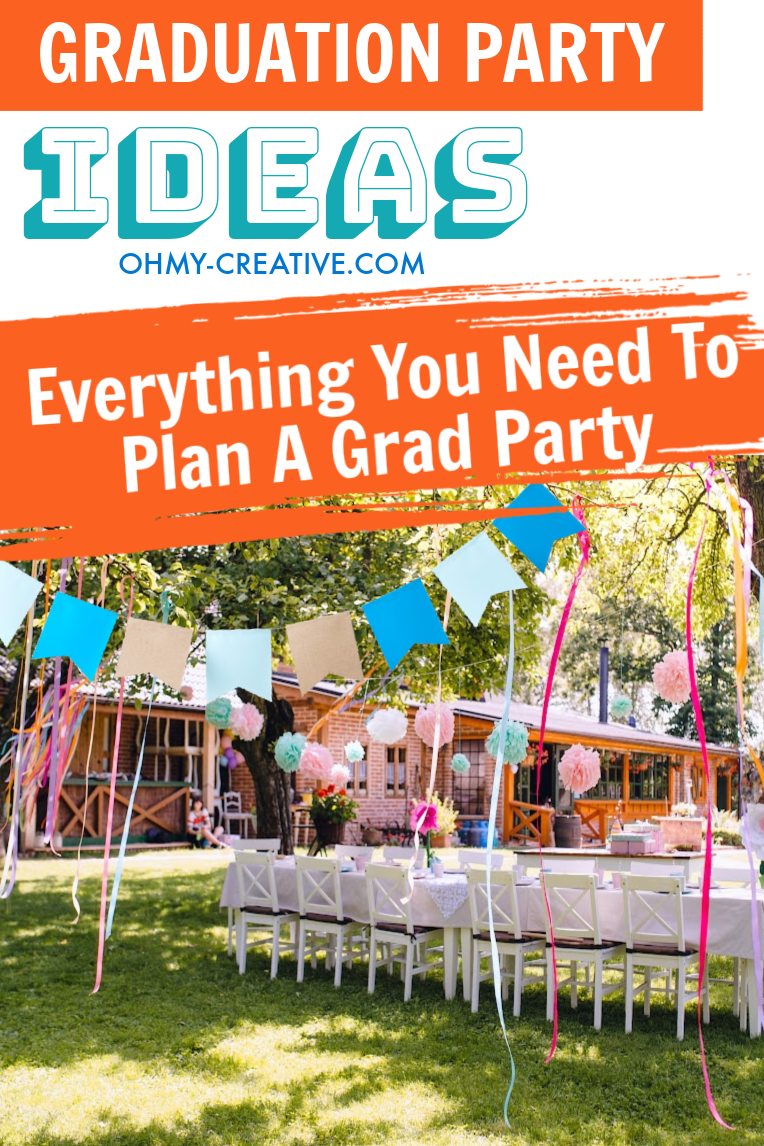 Outdoor party decorations with streamers and pom poms and garland in the backyard.