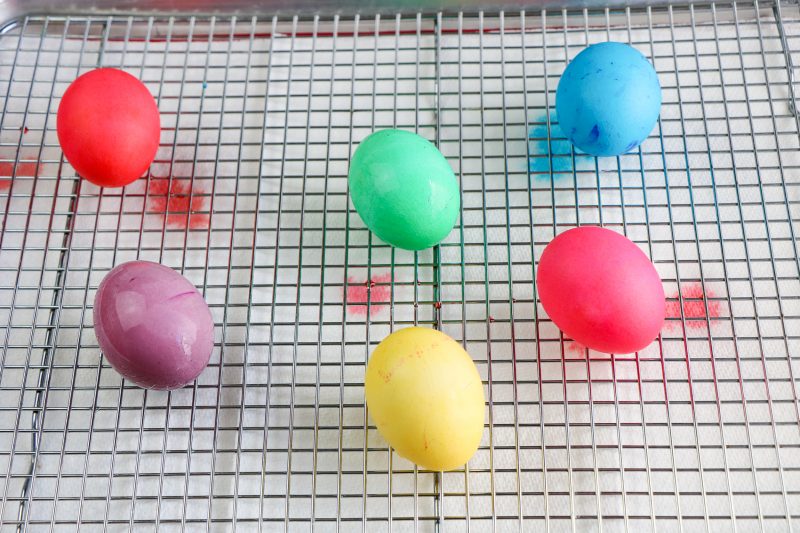 Remove the eggs and place them on a wire rack over paper toweling until completely dry. If you try to let them dry in an egg carton or paper towel, they might leave marks on the eggs.