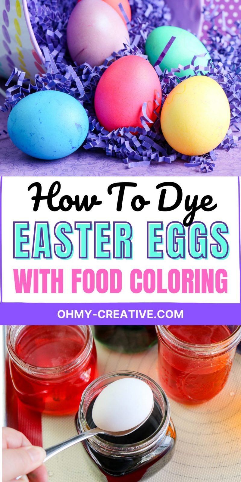 These Easter eggs are brightly colored with food coloring are nestled in purple Easter grass. 
