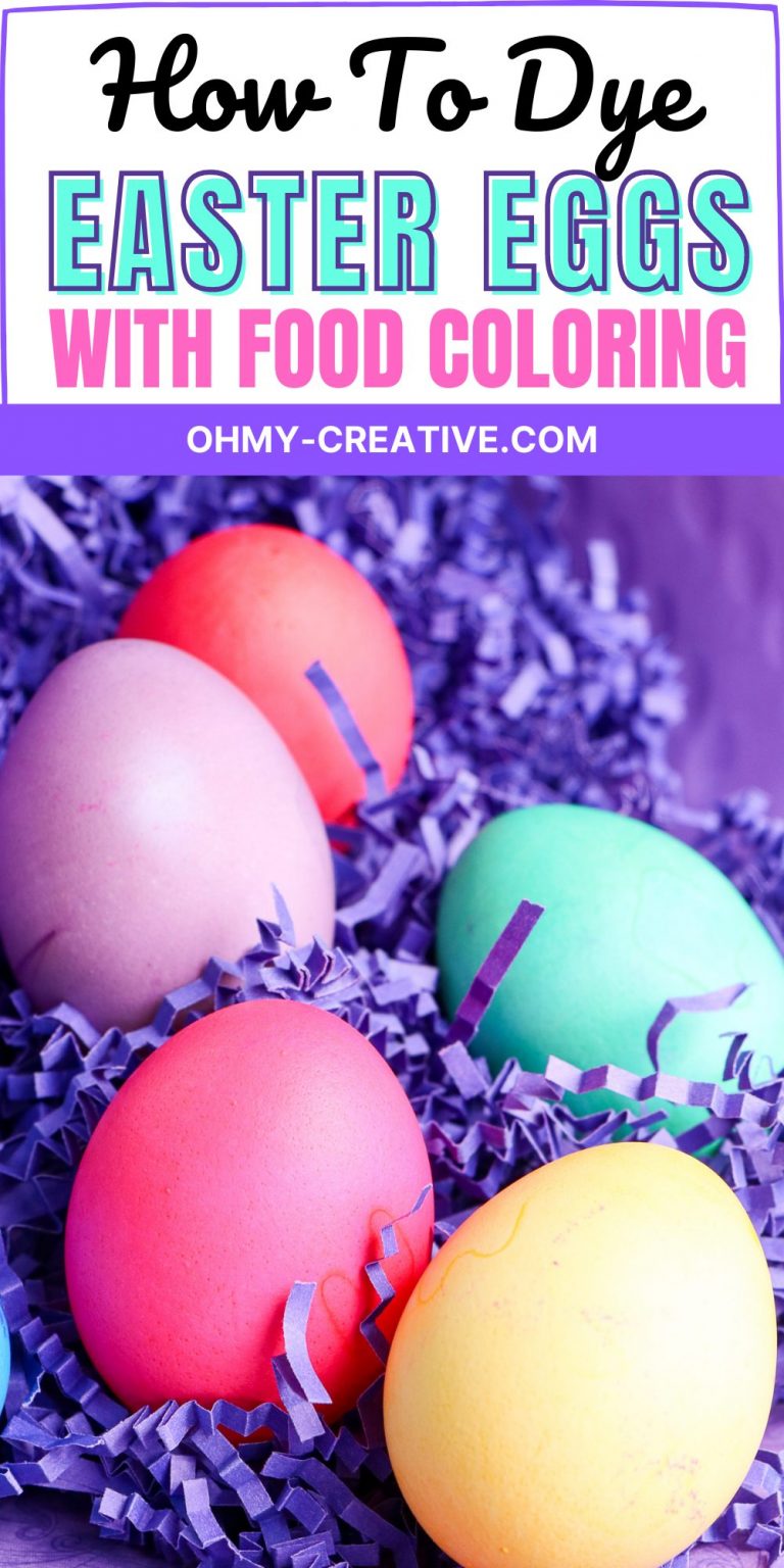 These Easter eggs are brightly colored with food coloring are nestled in purple Easter grass.