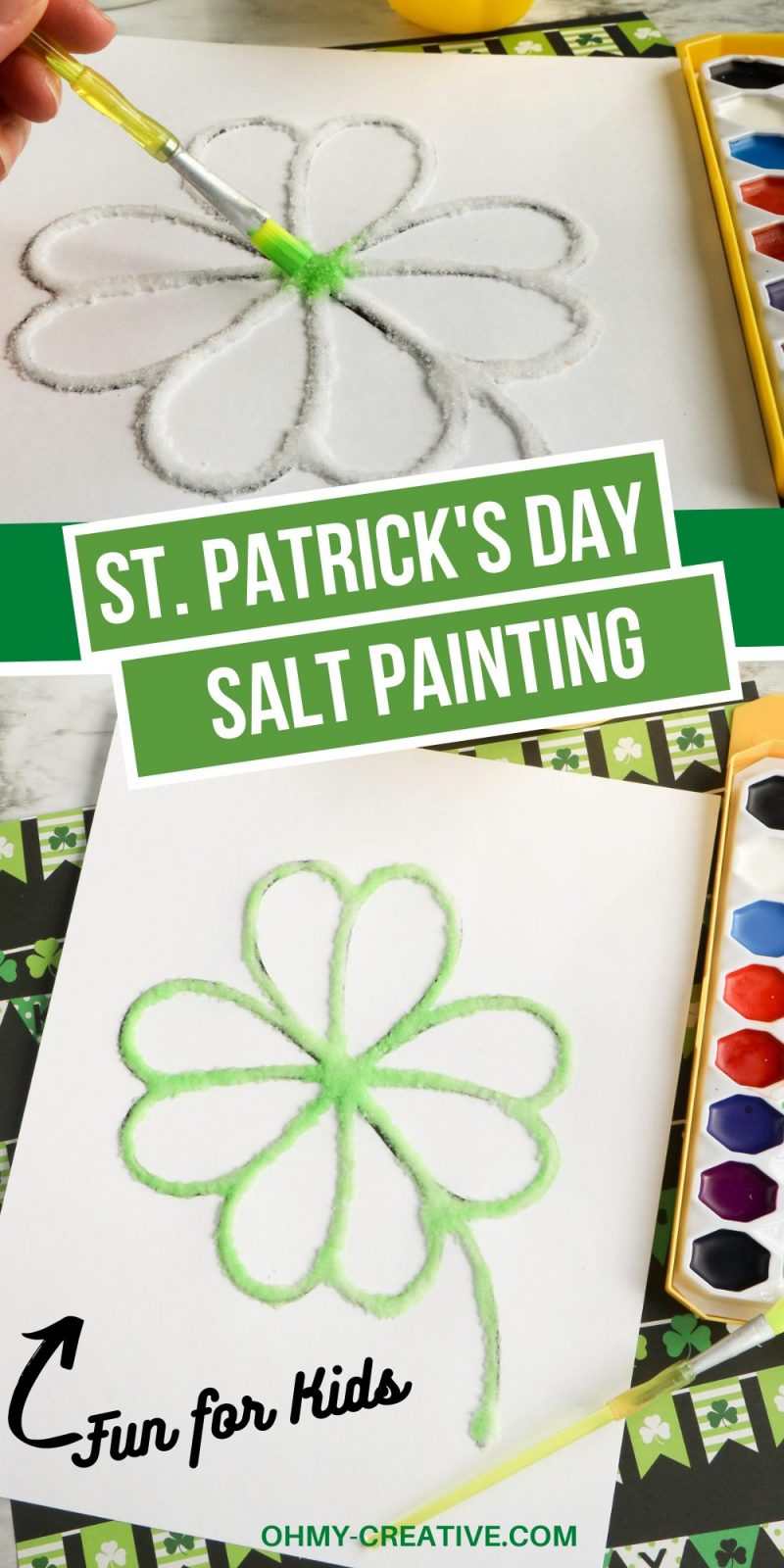 Print this free shamrock template and use watercolors and salt to create a green shamrock for St. Patrick's Day.