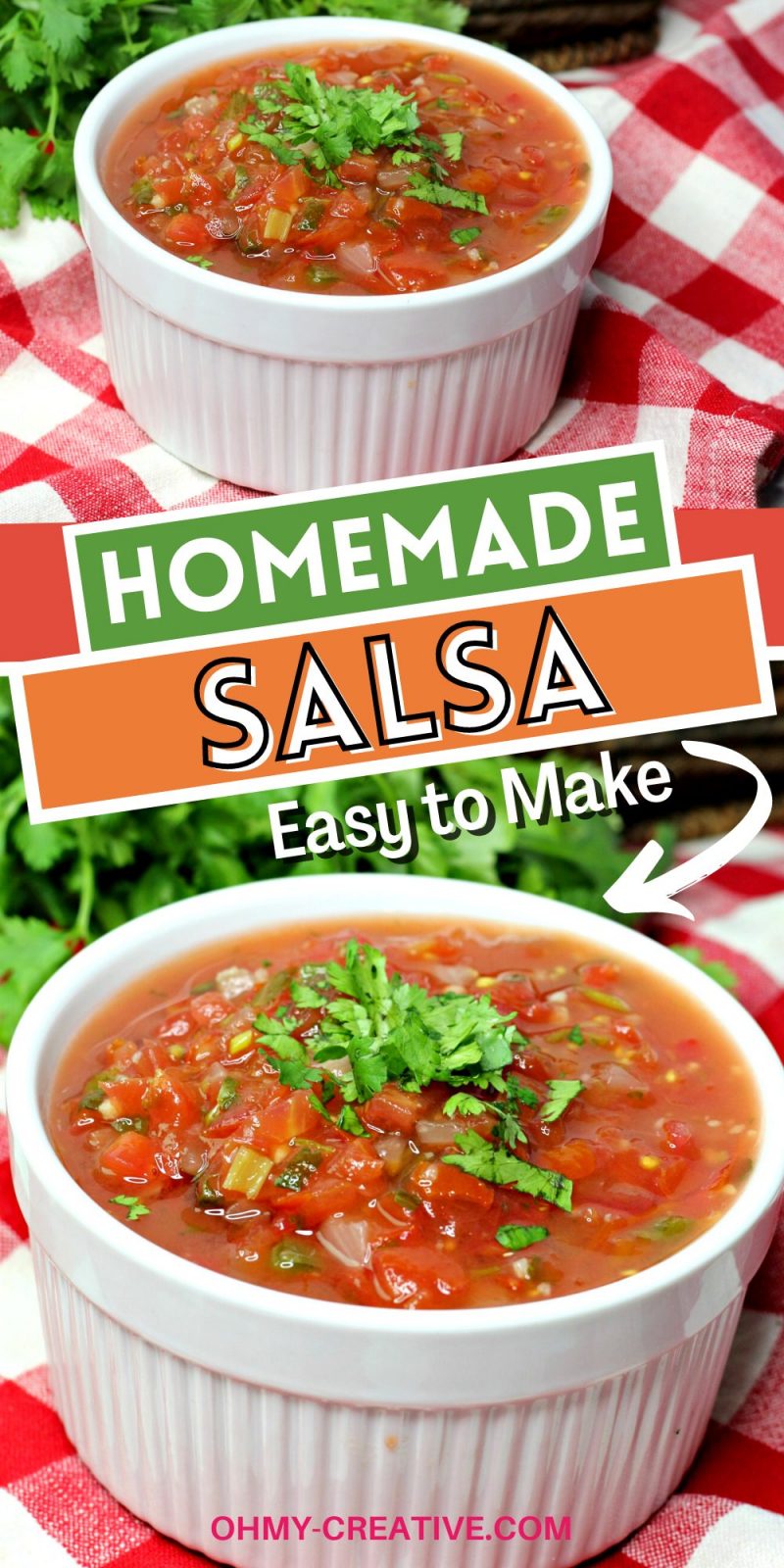 This easy homemade salsa recipe is served in a white bowl and is ready to serve with chips!