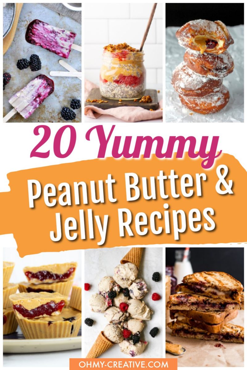 A collage of yummy recipes made with peanut butter and jelly including ice cream, cookies, donuts and more!