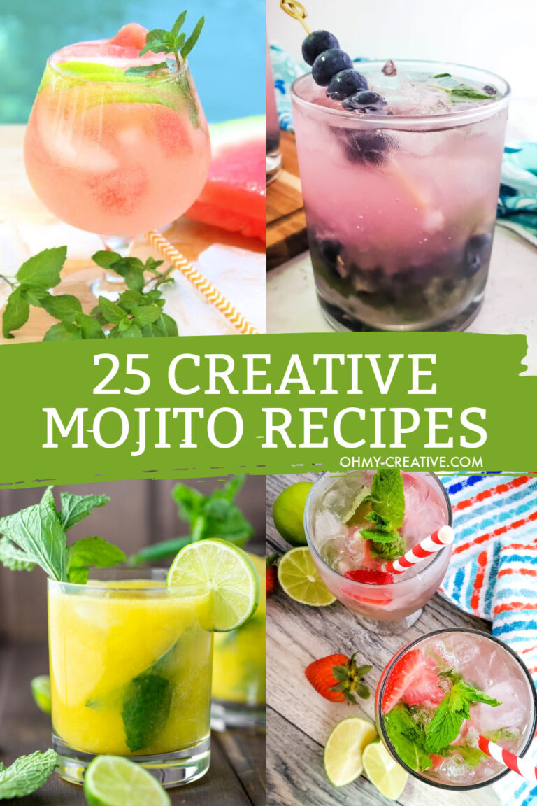 A collage of four creative mojito recipe drinks including 25 mojito recipes to make.