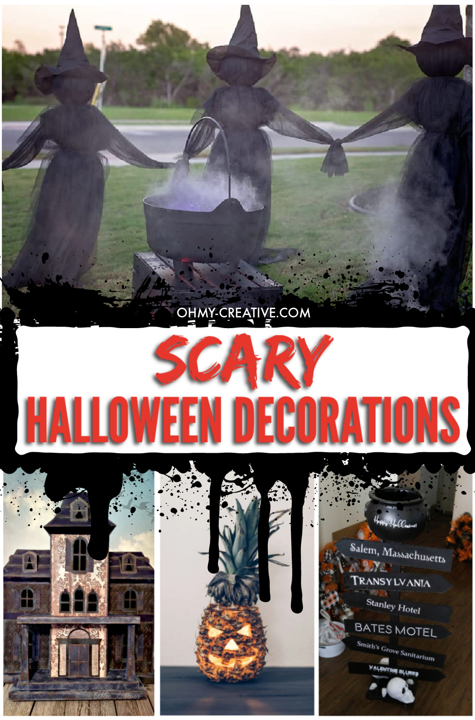 A collage of scary Halloween decorations for the home or Halloween Parties