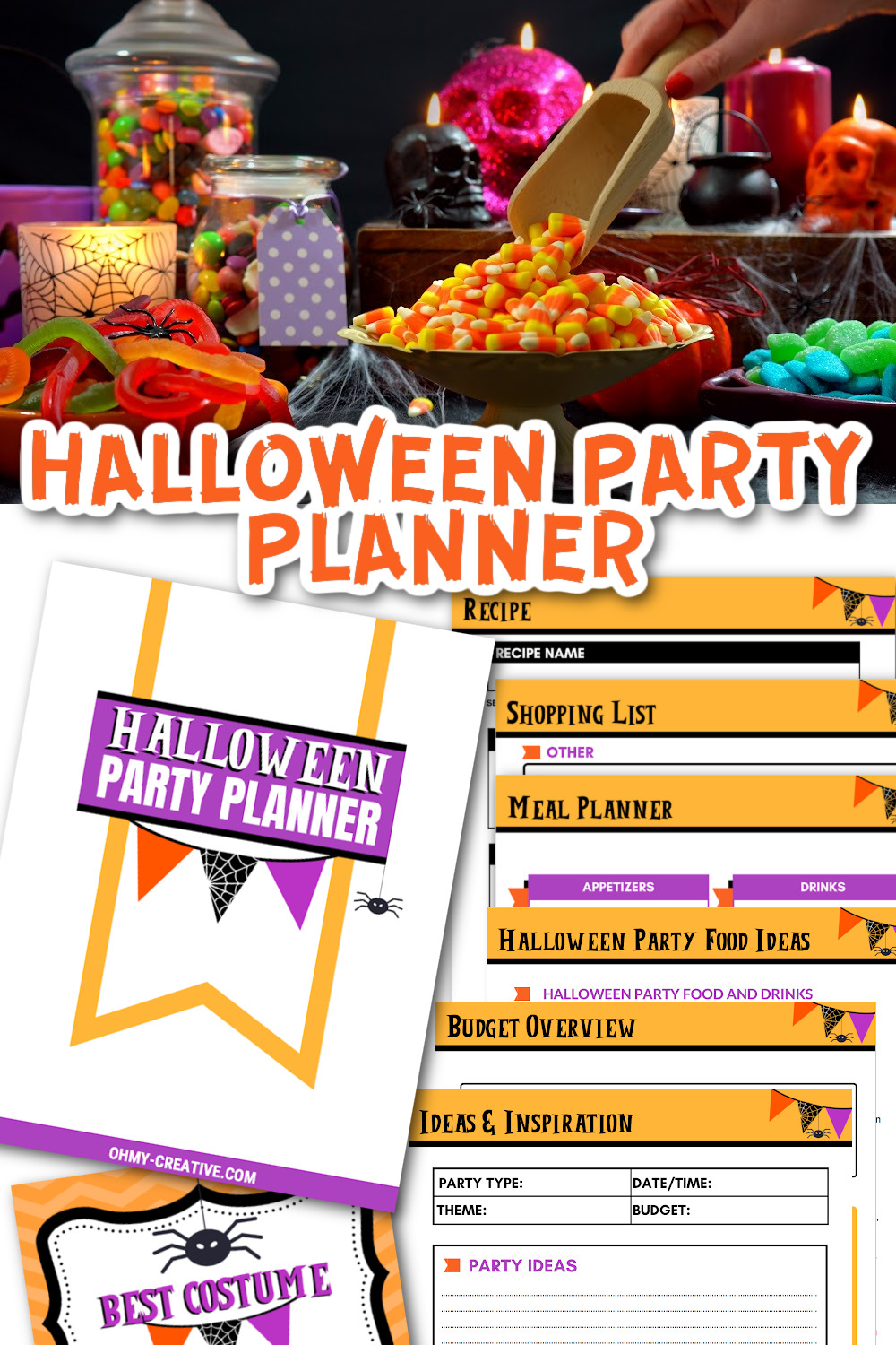 Top image is a table of Halloween candies with images of the Halloween party planner below.