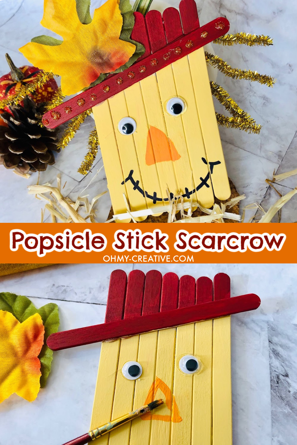 A cute and fun scarecrow fall craft made out of craft sticks.