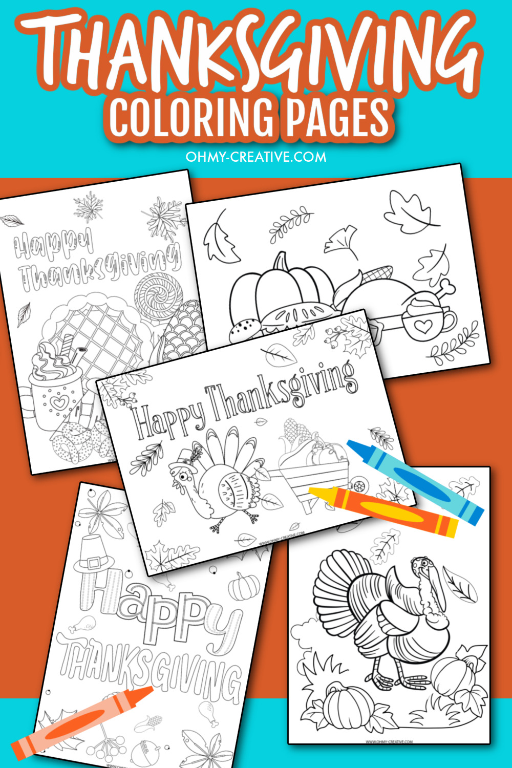 Thanksgiving coloring page collage of 5 Thanksgiving coloring sheets on an orange background.