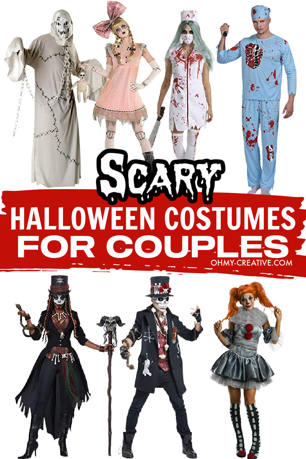 A collage of scary Halloween costumes for couples.
