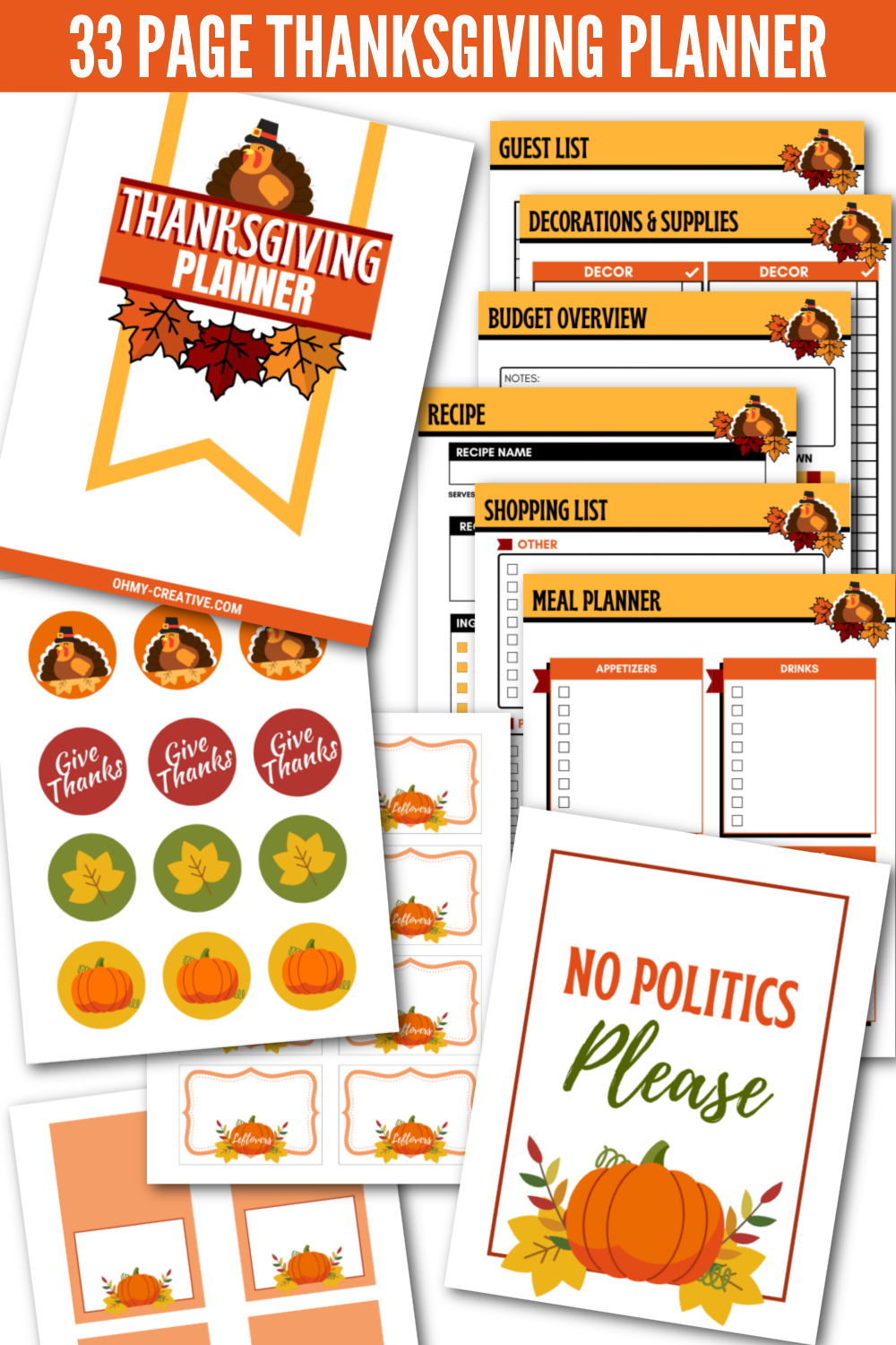 A collage of pages from a 33 page printable Thanksgiving planner.