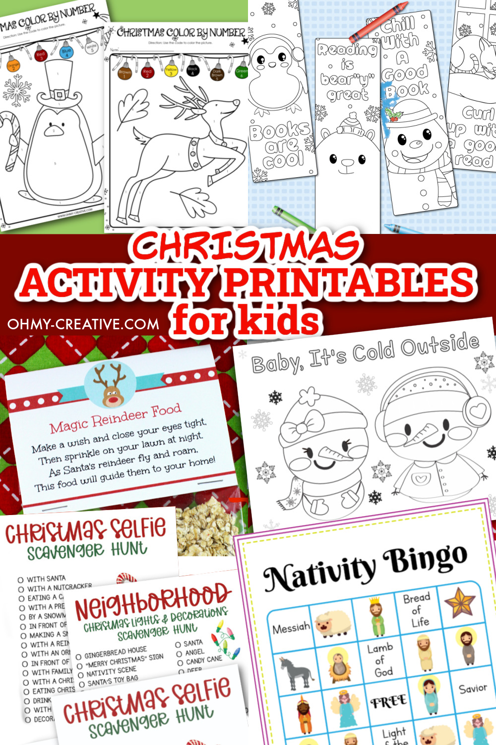 A collage of Christmas activity printables for kids.