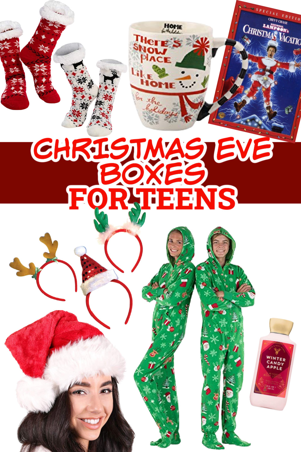 A collage of Christmas Eve Box gift Ideas for teens and teenagers.