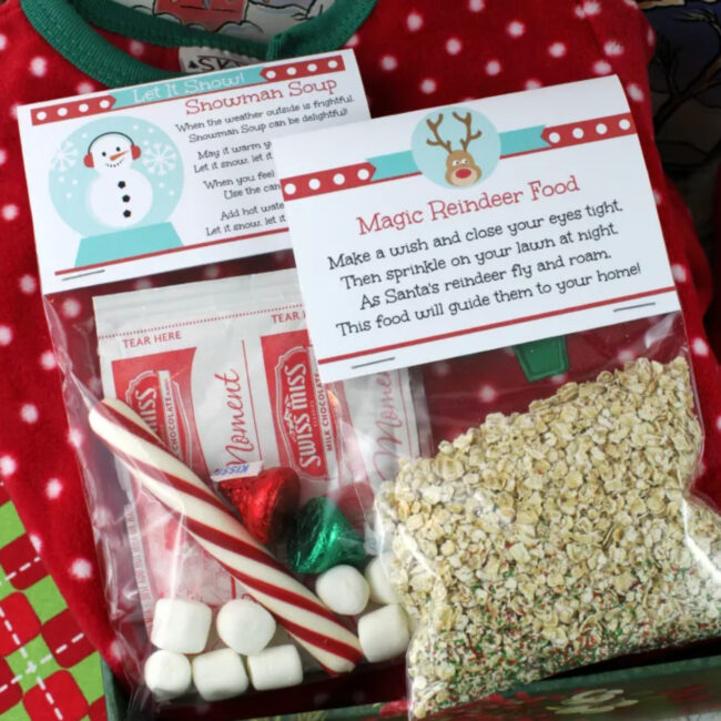 Magic Reindeer Food Bags with bag toppers and Snowman Soup gifts with printable bag toppers