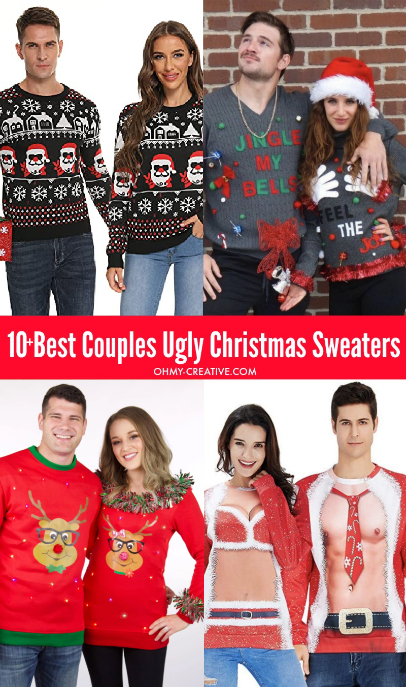 A collage of four couples dressed in matching ugly Christmas Sweaters. both funny and cute!