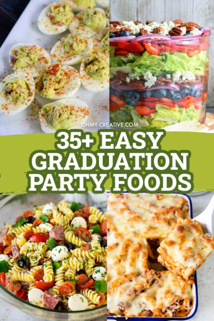 A collage of easy graduation party foods to make for a grad party.