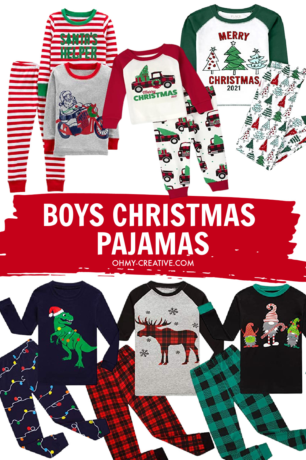 Collage of boys Christmas pajamas in different prints.