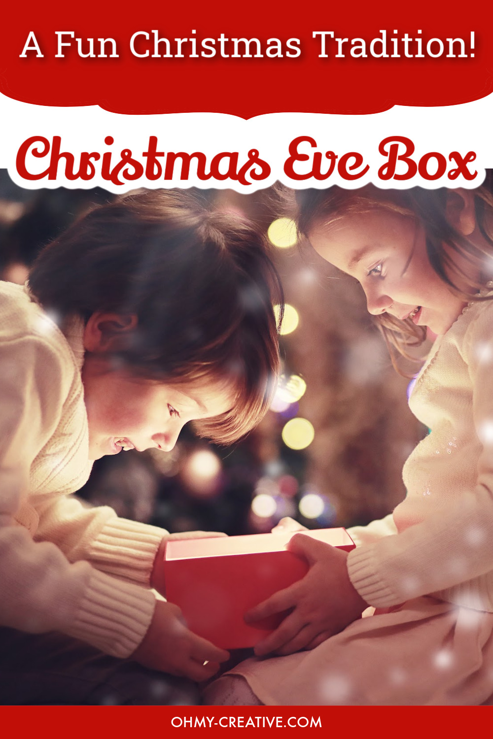 A young boy and girl looking into a Christmas Eve Box gift with excitement on their faces.