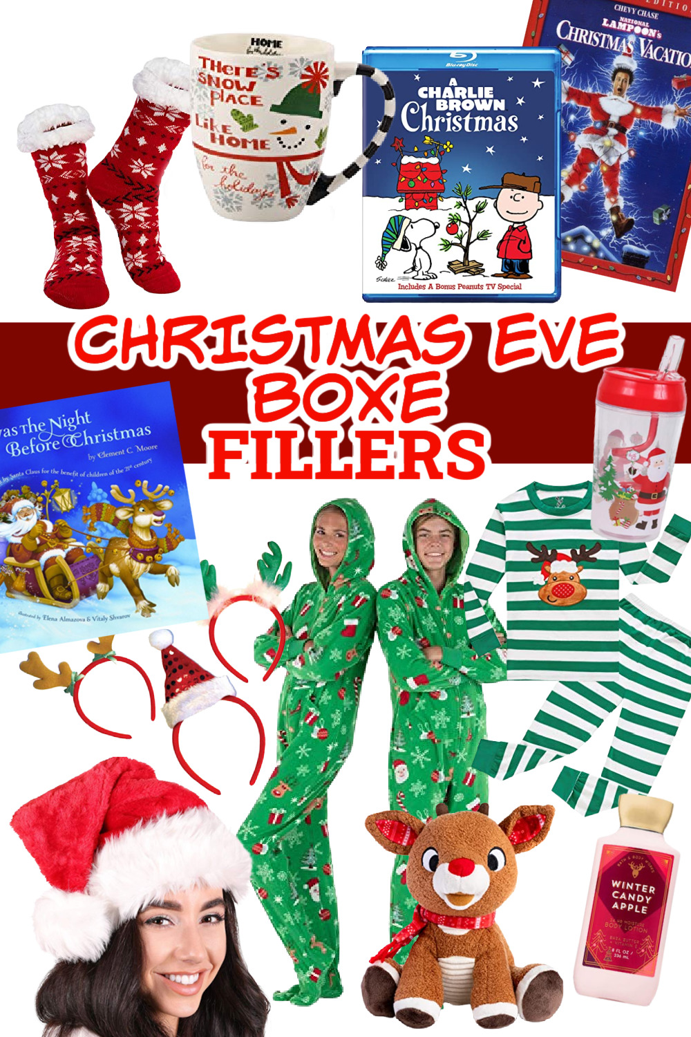 A collage of great Christmas Eve Box fillers for everyone in the family including adults!
