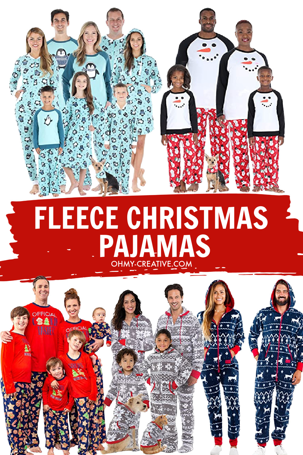 A collage of matching fleece Christmas Pajamas for families.