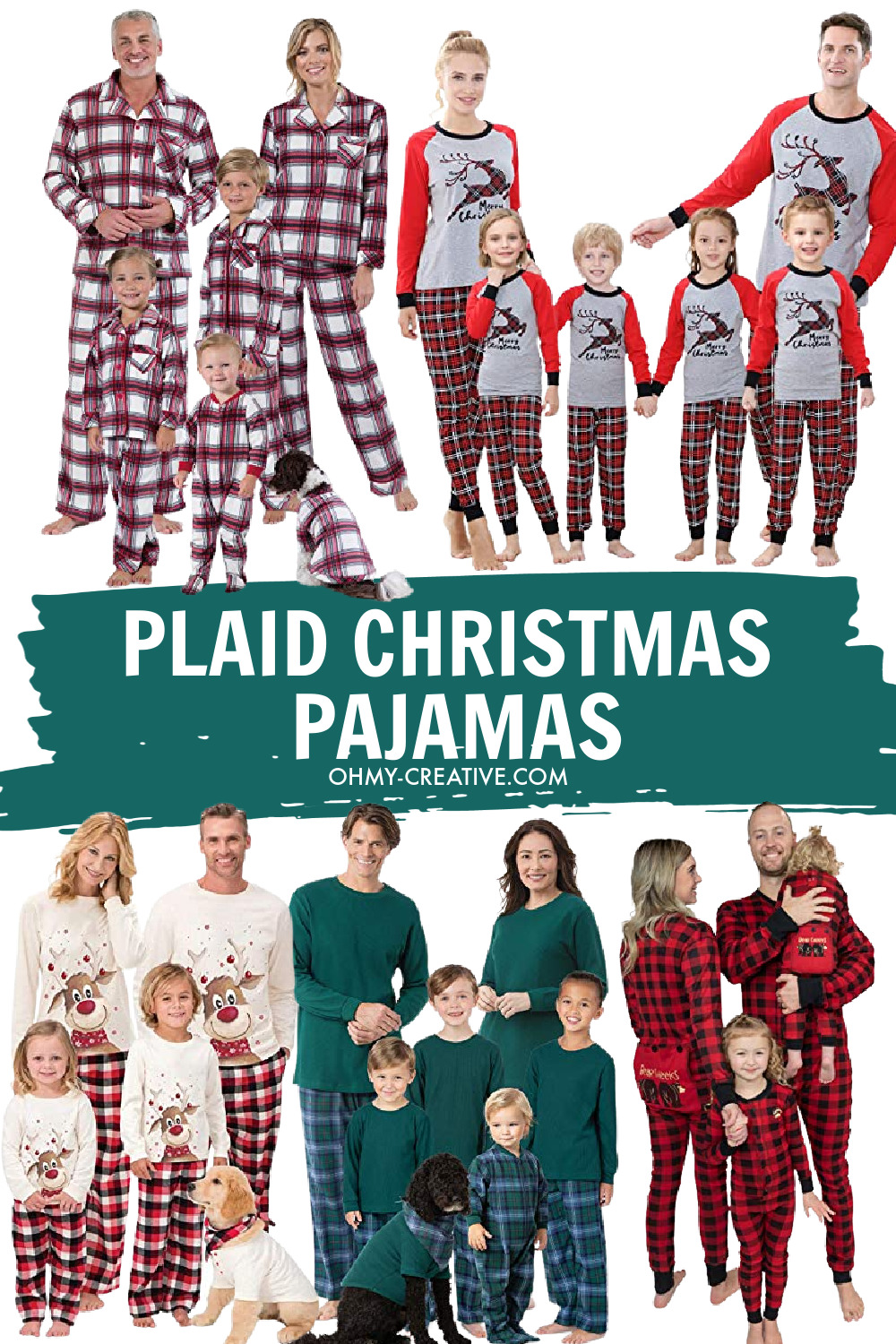 A collage of family in matching plaid Christmas Pajamas.